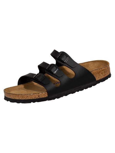 Klapki damskie Birkenstock Florida Birkoflor. Czarne klapki damskie Birkenstock, bez wzorów, z jeansu, bez obcasa. Za 671.00 zł.