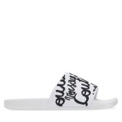 Klapki Versace Jeans Couture. Białe klapki damskie Versace Jeans Couture, bez wzorów, z jeansu, bez obcasa. Za 179.99 zł.