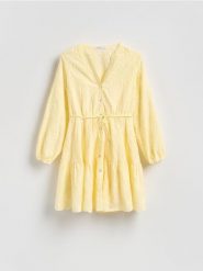 Sukienka z haftem - jasnożółty. Żółte sukienki damskie Reserved, l, bez wzorów, z bawełny, bez kołnierzyka, bez ramiączek. Za 179.99 zł.