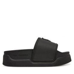 Klapki KARL LAGERFELD. Czarne klapki damskie Karl Lagerfeld, bez wzorów, bez obcasa. Za 419.99 zł.