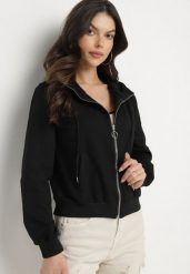 Czarna Bluza z Kapturem i Kieszeniami Zapinana na Suwak Uloselenia. Czarne bluzy z kapturem damskie Born2be, l, z jeansu. Za 59.99 zł.