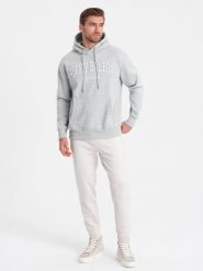 Męskie dresowe spodnie joggery na gumce z przeszyciami – białe V4 - Rozmiar: XL. Białe spodnie dresowe męskie Ombre Clothing, z aplikacjami, z dresówki. W wyprzedaży za 59.99 zł.