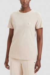 GUESS Kremowy damski t-shirt na krótki rękaw Colette, Rozmiar M. Brązowe t-shirty damskie Guess, m, z aplikacjami, bez kołnierzyka. Za 189.99 zł.