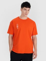 4F T-shirt oversize z nadrukiem męski - pomarańczowy S. Brązowe t-shirty męskie 4f, m, bez wzorów, z bawełny, bez kołnierzyka. W wyprzedaży za 39.99 zł.