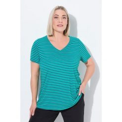 Damskie Koszulka funkcyjna prążkowanie klasyczny krój dekolt w serek rękaw 1/2. Niebieskie t-shirty damskie Ulla Popken, plus size, bez wzorów, z materiału, bez kołnierzyka. Za 199.99 zł.