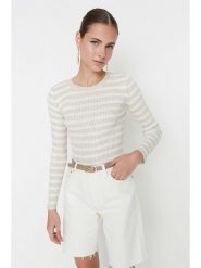 Trendyol Koszulka w kolorze beżowo-białym rozmiar: S. Brązowe bluzki damskie Trendyol, s, bez wzorów, ze splotem, bez kołnierzyka, bez ramiączek. Za 52.99 zł.