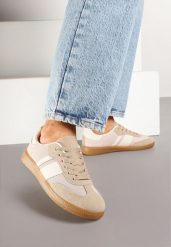 Ciemnobeżowe Sneakersy Tenisówki z Ozdobnymi Paskami Nelidi. Brązowe trampki i tenisówki damskie Born2be, bez wzorów, z jeansu. Za 74.99 zł.
