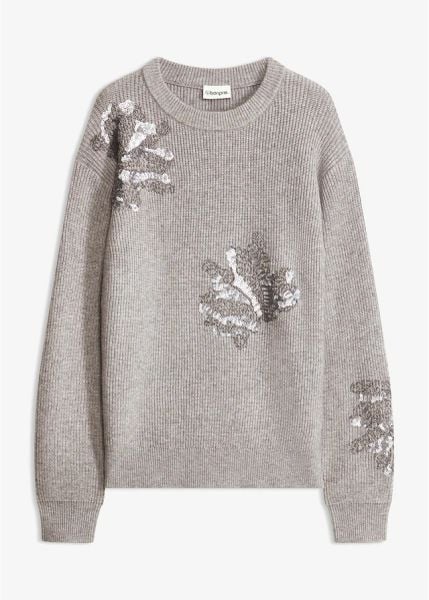 Sweter z aplikacją. Szare swetry klasyczne damskie bonprix, bez kołnierzyka. Za 169.99 zł.
