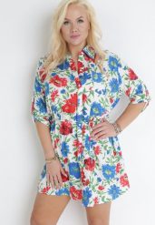 Biała Koszulowa Sukienka Mini z Guzikami i Materiałowym Paskiem Raimeda. Białe sukienki damskie Born2be, na lato, l, bez wzorów, z materiału, bez kołnierzyka, plus size, bez ramiączek, mini, koszulowe. W wyprzedaży za 39.99 zł.