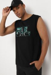 Czarna Koszulka z Bawełny bez Rękawów z Ozdobnym Nadrukiem Aanesa. Czarne t-shirty sportowe męskie Born2be, m, z bawełny, bez ramiączek. Za 39.99 zł.