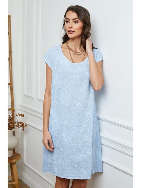 Fleur de Lin Lniana sukienka w kolorze błękitnym rozmiar: XXL. Niebieskie sukienki damskie Fleur de Lin, na co dzień, xxl, bez wzorów, ze lnu, bez kołnierzyka, bez ramiączek, mini, proste. Za 135.49 zł.