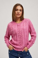 Sweter z ozdobnym splotem fuksjowy. Swetry klasyczne damskie MOODO, l, z poliesteru, bez kołnierzyka. W wyprzedaży za 59.99 zł.