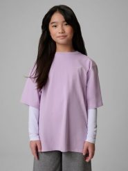 4F T-shirt loose z nadrukiem dziewczęcy - fioletowy 158/164 (12-14 lat). Fioletowe koszulki dziewczęce 4f, bez wzorów, z bawełny, bez ramiączek. Za 59.99 zł.