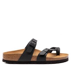 Japonki Birkenstock. Czarne klapki damskie Birkenstock, bez wzorów, bez obcasa. Za 289.99 zł.