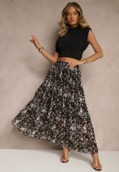 Czarna Kwiecista Spódnica Rozkloszowana z Plisami Zdobiona Metalicznym Nadrukiem Folonissa. Czarne spódniczki damskie Renee, l, z aplikacjami, eleganckie, maxi, proste. Za 54.99 zł.