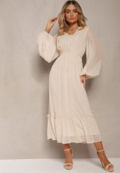 Beżowa Plisowana Sukienka Koktajlowa Ozdobiona Guzikami i Falbankami Osumia. Brązowe sukienki damskie Renee, na lato, l, bez wzorów, eleganckie, bez kołnierzyka, bez ramiączek, maxi, rozkloszowane. W wyprzedaży za 135.99 zł.
