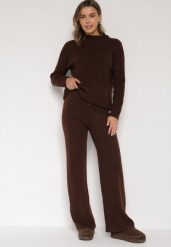 Brązowy Dzianinowy Komplet z Bawełną i Wełną Długi Sweter i Szerokie Spodnie Reinesa. Brązowe swetry klasyczne damskie Born2be, l, z bawełny, bez kołnierzyka. Za 129.99 zł.