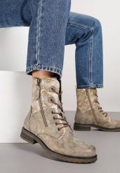 Ciemnobeżowe Botki w Stylu Workerów z Ozdobnym Suwakiem i Wężową Wstawką Vemalora. Brązowe botki damskie Renee, z jeansu, eleganckie, bez obcasa, na płaskiej podeszwie, bez zapięcia. Za 149.99 zł.