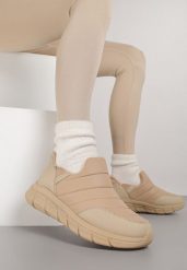 Ciemnobeżowe Sneakersy Śniegowce na Platformie z Tłoczeniem i Pikowaną Cholewką Vermina. Brązowe śniegowce damskie Renee, z dresówki. Za 79.99 zł.
