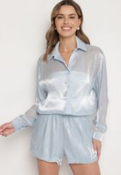 Niebieski Komplet z Wiskozy z Bawełną Koszula i Szorty Luniora. Niebieskie koszule damskie Born2be, bez wzorów, z bawełny, eleganckie. Za 159.99 zł.