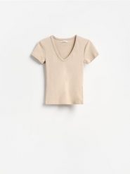 T-shirt z bawełną - beżowy. Brązowe t-shirty damskie Reserved, l, bez wzorów, z bawełny, bez kołnierzyka. Za 49.99 zł.