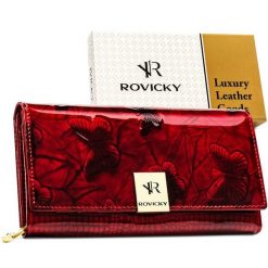 Lakierowany, czerwony portfel damski ze skóry naturalnej, zamykany zatrzaskiem Rovicky RH-20A-1-DBF. Czerwone portfele damskie bez wzorów, z lakierowanej skóry. Za 89.99 zł.