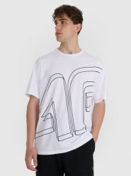 4F T-shirt oversize z nadrukiem męski - biały XL. Białe t-shirty męskie 4f, m, bez wzorów, z bawełny, bez kołnierzyka. W wyprzedaży za 59.99 zł.