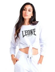 Luksusowa damska bluza wiązana z okrągłym dekoltem. Białe bluzy sportowe damskie LEONE 1947 APPAREL, na lato, l, z aplikacjami, z bawełny, bez ramiączek, długie, z kapturem. Za 84.16 zł.