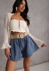 Granatowe Szorty Jeansowe High Waist z Bawełny z Elastycznym Paskiem Tinreia. Niebieskie szorty damskie Renee, bez wzorów, z bawełny, z podwyższonym stanem. Za 149.99 zł.