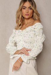 Beżowo-ZIelona Elastyczna Bluzka w Drobne Kwiatki Ozdobiona Falbankami Oirabel. Brązowe bluzki damskie Renee, bez wzorów, bez kołnierzyka, bez ramiączek. Za 54.99 zł.