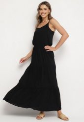 Czarna Wiskozowa Sukienka o Rozkloszowanym Kroju na Ramiączkach Flenore. Czarne sukienki damskie Born2be, na co dzień, na lato, l, bez wzorów, z wiskozy, eleganckie, bez kołnierzyka, bez ramiączek, maxi, kopertowe. Za 109.99 zł.