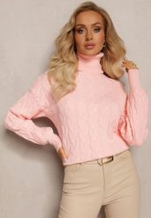 Różowy Sweterkowy Golf o Warkoczykowym Splocie Taitusi. Czerwone golfy damskie Renee, bez wzorów, ze splotem, bez ramiączek. Za 99.99 zł.