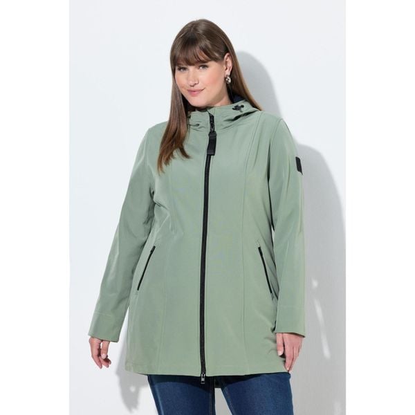 Damskie Długa kurtka softshell HYPRAR hydrofobowa trapezowy krój. Zielone kurtki damskie Ulla Popken, plus size, bez wzorów, z elastanu, bez kaptura. Za 479.99 zł.