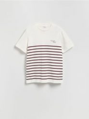 T-shirt regular w paski - złamana biel. T-shirty męskie Reserved, l, bez wzorów, z bawełny, bez kołnierzyka. W wyprzedaży za 39.99 zł.