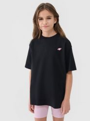 4F T-shirt oversize gładki dziewczęcy - czarny 128 (7-8 lat). Czarne koszulki dziewczęce 4f, bez wzorów, z bawełny, bez ramiączek. W wyprzedaży za 29.99 zł.