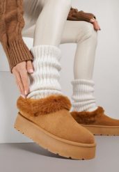 Brązowe Śniegowce na Grubej Podeszwie z Niską Cholewką i Futerkiem Sewone. Brązowe śniegowce damskie Born2be, z futra, przed kostkę. Za 59.99 zł.