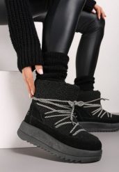 Czarne Niezapinane Śniegowce na Niskiej Platformie z Futerkiem i Sznurowaniem Avalisande. Czarne śniegowce damskie Renee, z futra. Za 64.99 zł.