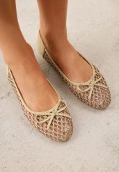 Ciemnobeżowe Siateczkowe Balerinki z Plecioną Cholewką z Kokardką Lilinrelle. Brązowe baleriny damskie Born2be, bez wzorów, z jeansu, bez obcasa. Za 69.99 zł.