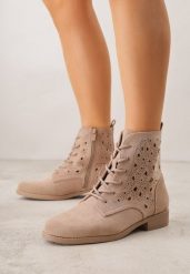 Ciemnobeżowe Sznurowane Botki z Ażurową Cholewką Zeliana. Brązowe botki damskie Born2be, z jeansu, klasyczne, bez obcasa, na płaskiej podeszwie, bez zapięcia. Za 129.99 zł.