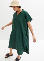 Sukienka kaftanowa z przewiewnej mieszanki lnu i wiskozy. Zielone sukienki damskie bonprix, na lato, bez wzorów, z wiskozy, bez kołnierzyka, bez ramiączek. Za 147.99 zł.