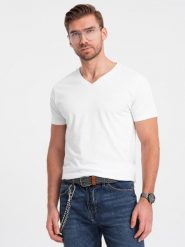 Sygnowany męski t-shirt V-neck z elastanem – biały V1 - Rozmiar: M. Białe t-shirty męskie Ombre Clothing, m, bez wzorów, z bawełny, bez kołnierzyka. W wyprzedaży za 52.50 zł.