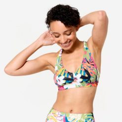 Góra kostiumu kąpielowego surfingowego damska Olaian Agatha Kwiaty. Zielone bikini damskie OLAIAN, bez wzorów. Za 89.99 zł.