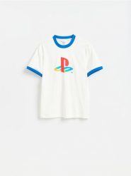 T-shirt Playstation - złamana biel. T-shirty męskie Reserved, l, bez wzorów, z bawełny, bez kołnierzyka. Za 79.99 zł.