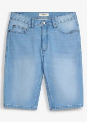 Bermudy jeansowe ze stretchem, ze wzmocnioną częścią w kroku, regular fit, 2 szt. Niebieskie szorty męskie bonprix, bez wzorów, z jeansu. Za 79.98 zł.