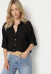 Czarna Wiskozowa Koszula Oversize z Lnem Zdobiona Kwiatową Aplikacją Finreis. Czarne koszule damskie Born2be, na lato, m, z aplikacjami, z jeansu, eleganckie, bez kołnierzyka, bez ramiączek. Za 79.99 zł.
