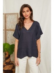 Lin Passion Lniana bluzka w kolorze granatowym rozmiar: 34/36. Niebieskie bluzki damskie Lin Passion, bez wzorów, ze lnu, klasyczne, bez kołnierzyka, bez ramiączek. Za 113.99 zł.