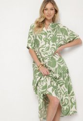 Zielona Wiskozowa Rozkloszowana Sukienka z Falbaną Filindania. Zielone sukienki damskie Born2be, na co dzień, l, bez wzorów, z wiskozy, eleganckie, bez kołnierzyka, bez ramiączek, midi, rozkloszowane. W wyprzedaży za 79.99 zł.