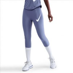 Legginsy Nike Tempo Swoosh dla kobiet 7/8. Fioletowe legginsy damskie Nike, s, bez wzorów, z materiału. Za 266.85 zł.