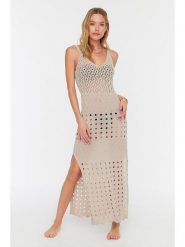Trendyol Sukienka dzianinowa w kolorze kremowym rozmiar: XL. Brązowe sukienki damskie Trendyol, xl, bez wzorów, z dzianiny, bez kołnierzyka, bez ramiączek, maxi. Za 87.81 zł.