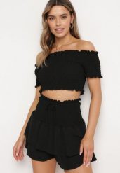 Czarny Komplet Top w Stylu Hiszpanki i Spódnico-Szorty z Gumką Quillatta. Czarne szorty damskie Born2be, z aplikacjami. Za 44.99 zł.